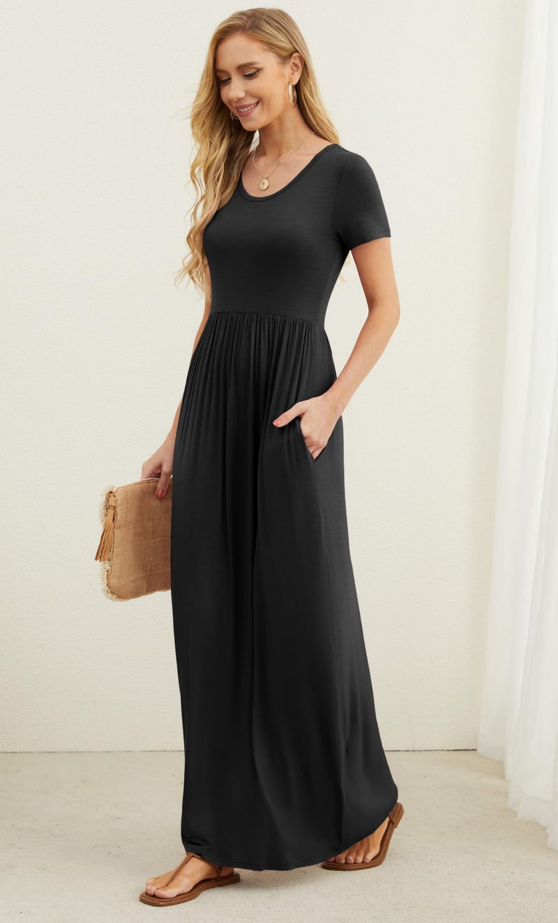 GRECERELLE Women Summer Crew Neck Casual Short Sleeve Long Maxi Dress with Pockets, Black, L - Image 3